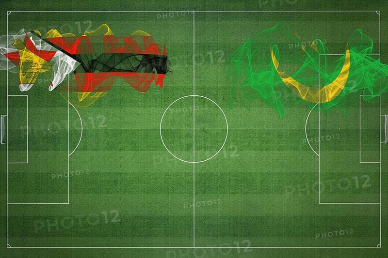 Zimbabwe vs Mauritania Soccer Match, national colors, national flags, soccer field, football game, Competition concept, Copy space