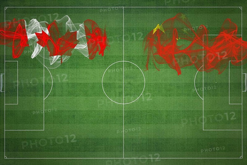 Canada vs China Soccer Match, national colors, national flags, soccer field, football game, Competition concept, Copy space