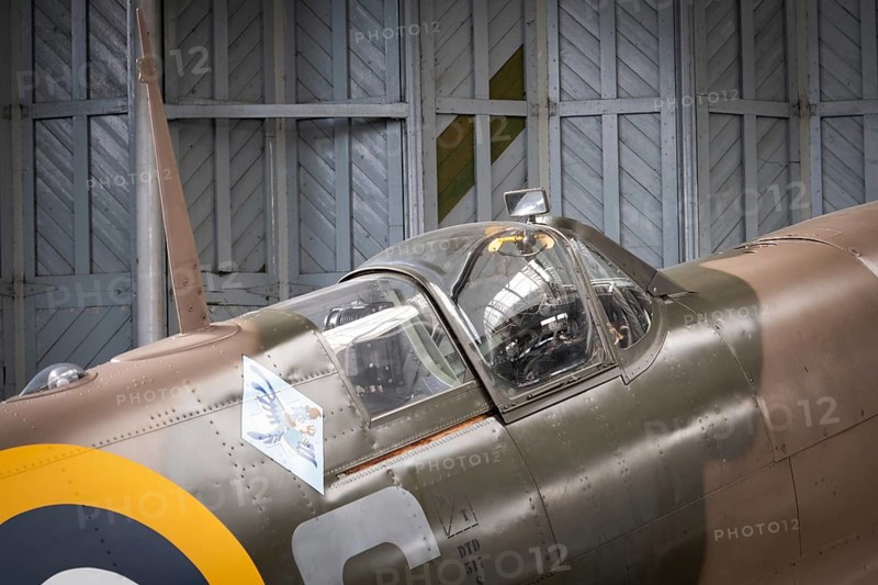 Close up of a Spitfire fighter aeroplane canopy at the Imperial War Museum Duxford at Duxford airfield near Cambridge in England
