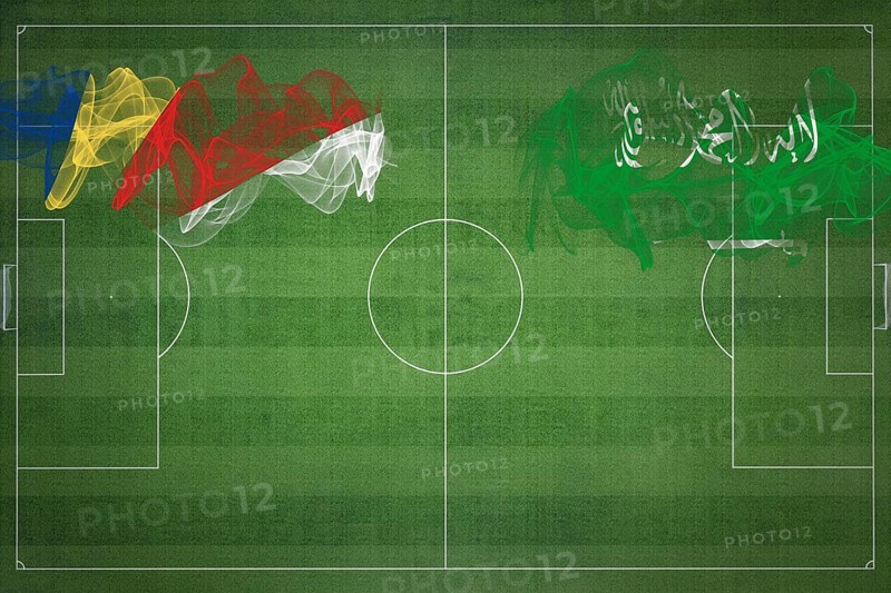 Seychelles vs Saudi Arabia Soccer Match, national colors, national flags, soccer field, football game, Competition concept, Copy space