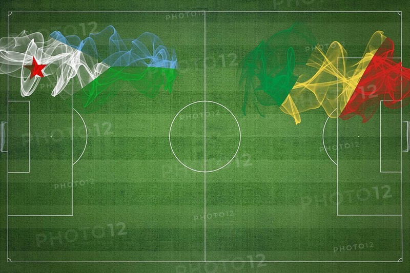 Djibouti vs Congo Soccer Match, national colors, national flags, soccer field, football game, Competition concept, Copy space