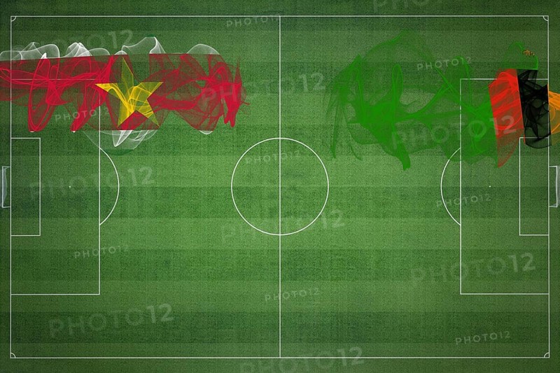 Suriname vs Zambia Soccer Match, national colors, national flags, soccer field, football game, Competition concept, Copy space