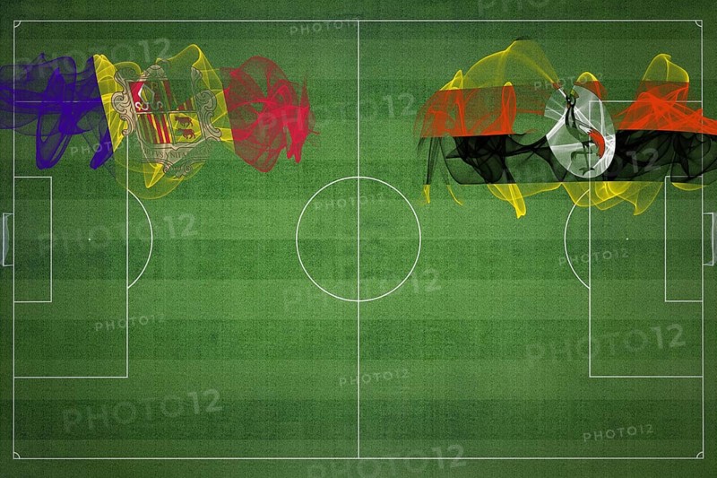 Andorra vs Uganda Soccer Match, national colors, national flags, soccer field, football game, Competition concept, Copy space