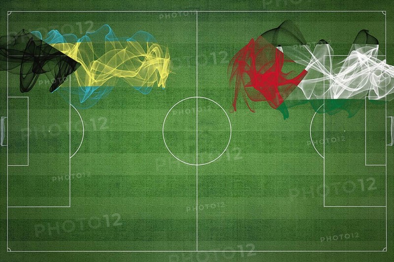 Bahamas vs Palestine Soccer Match, national colors, national flags, soccer field, football game, Competition concept, Copy space