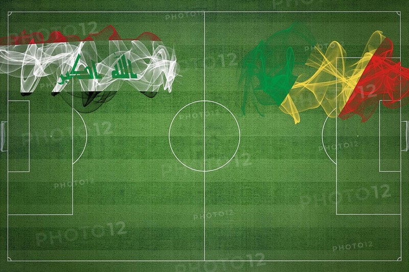 Iraq vs Congo Soccer Match, national colors, national flags, soccer field, football game, Competition concept, Copy space
