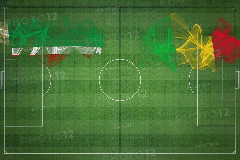 Chechnya vs Mali Soccer Match, national colors, national flags, soccer field, football game, Competition concept, Copy space
