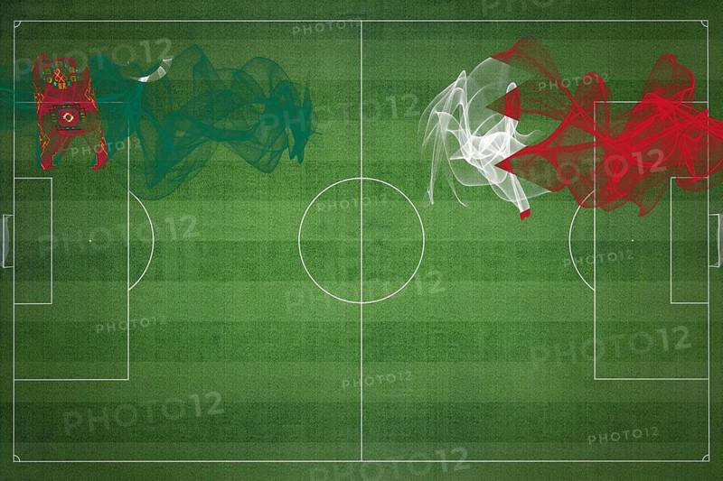 Turkmenistan vs Bahrain Soccer Match, national colors, national flags, soccer field, football game, Competition concept, Copy space