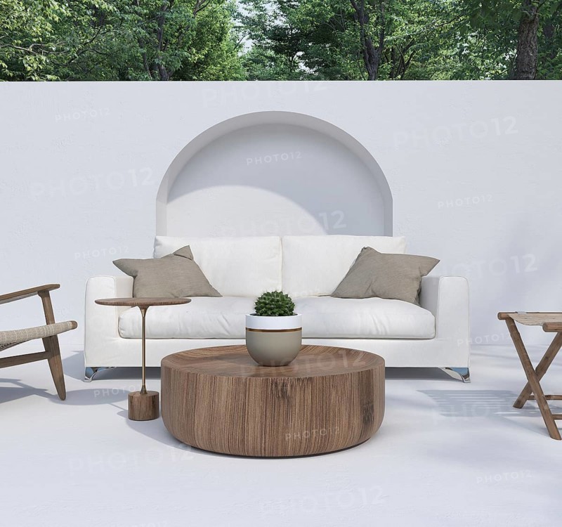 Patio setup with a white couch, wooden elements, and surrounding greenery