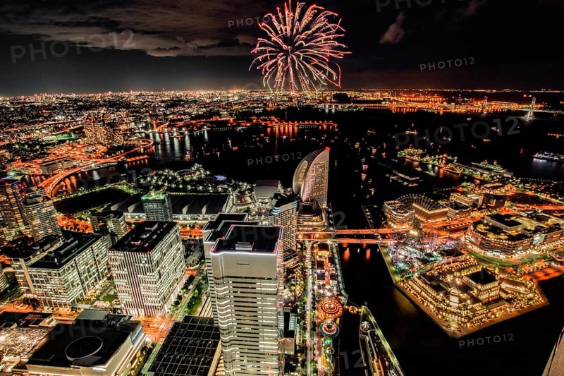 Fireworks and Yokohama night view (taken from the Landmark Tower). Shooting Location: Yokohama-city kanagawa prefecture