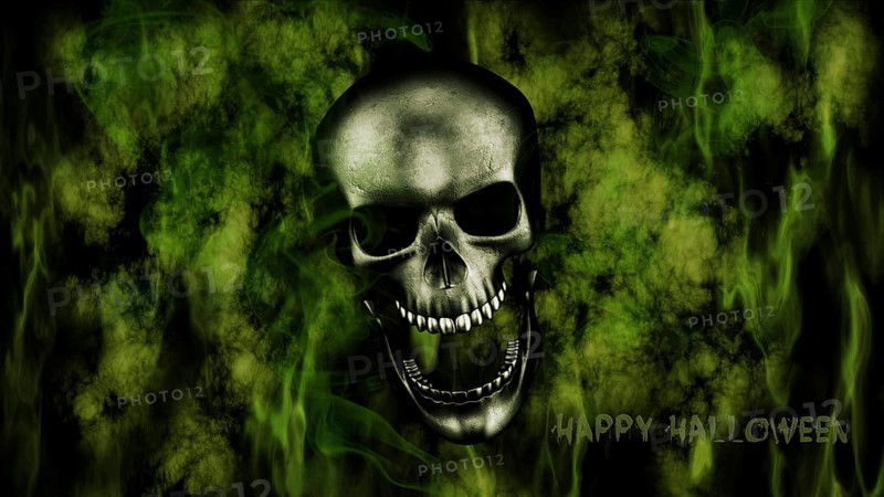 Happy Halloween. Human Skull With Smoke And Fire 3D Rendering
