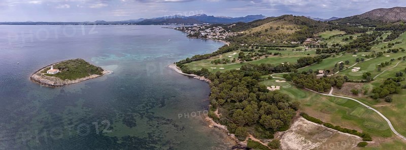Beach and island of Alcanada, Club de Golf Alcanada, Alcudia, Majorca, Balearic Islands, Spain, Europe