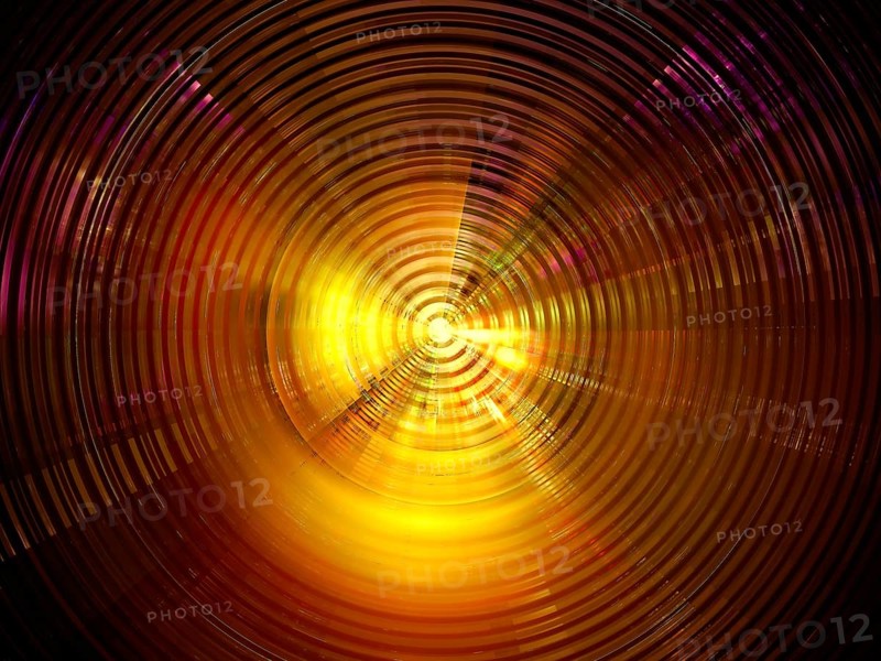 Golden disc with concentric circles and light effects .Abstract computer-generated image - concept background for sci fi or esoteric design projects