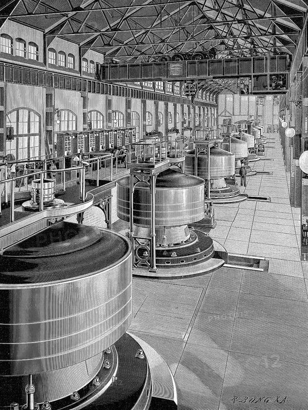 Turbine Hall, hydroelectric Power Station, powerhouse of Niagara Falls, Ontario, Canada, Historical illustration, 1900, Halle mit Turbinen und Generatoren, Niagarafälle, Ontario, Kanada, Nordamerika, North America