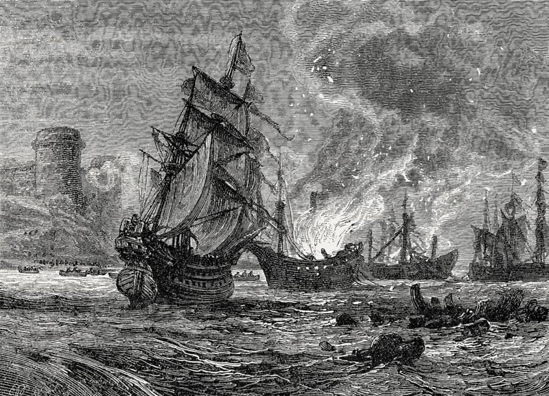 Attack of Upnor Castle by Michiel Adrianszoon de Ruyter, 1607, 1676, a Dutch admiral, From British Battles on Land and Sea, by James Grant