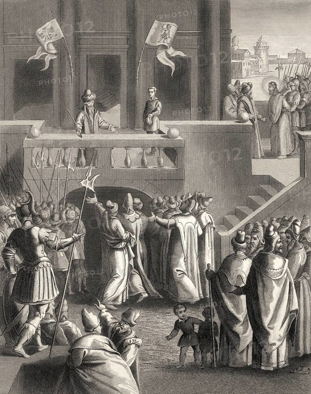 The Sanhedrin trial of Jesus, New Testament, steel engraving 1853, digitally restored