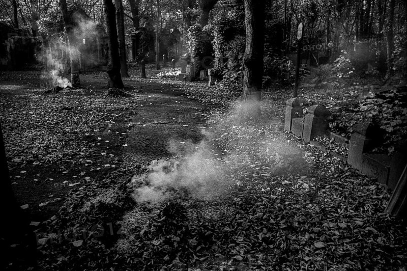 GDR, Berlin, 25.10.1987, Jewish cemetery Weißensee, burning autumn leaves, sign: Section D, Field 0