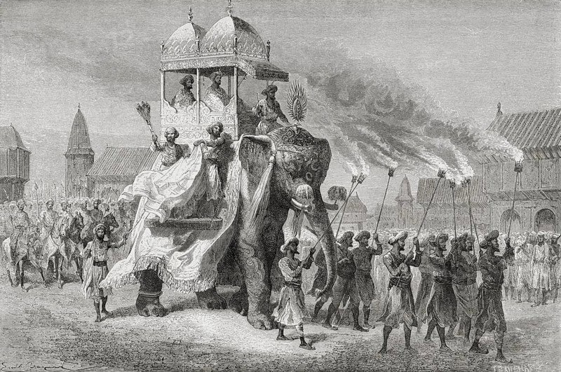 Maharaja of Baroda riding on elephant in procession, India, Asia