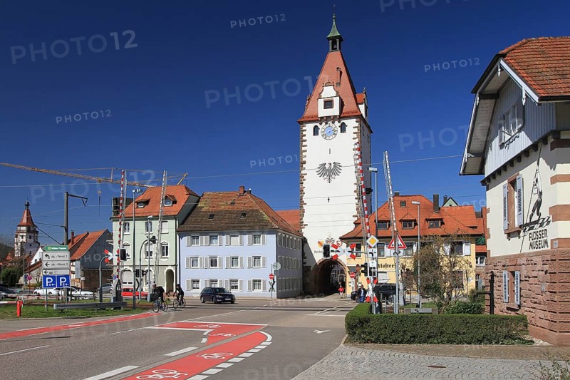 Railway crossing at the Kinzigtorturm in front of the old town Gengenbach, Ortenaukreis, Baden-Württemberg, Germany, Europe