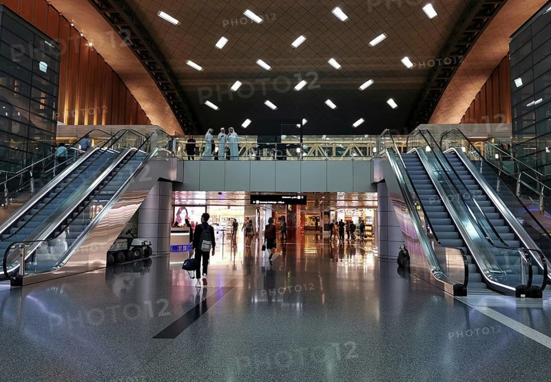 Doha, Qatar, March 8 2020: The luxury interior of the Hamad international airport, the base of Qatar airways in Doha, Middle East, Asia
