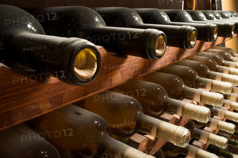 Wine bottles on shelf. Wine cellar. Close up wine bottles