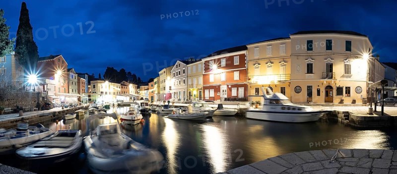 Veli Losinj harbour, blue hour at dusk, panoramic shot, Veli Losinj, Kvarner Bay, Croatia, Europe