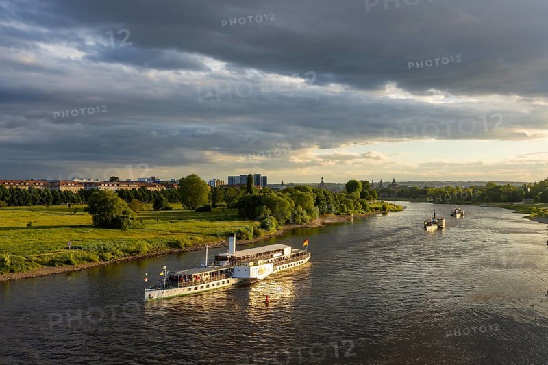 Riverboat shuffle at the Dixiland Festival with the steamboats of the Saxon Steamship Company on the Elbe. Paddle steamer Leipzig, Dresden, Saxony, Germany, Europe