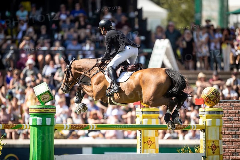 Scott Brash of Great Britain and riding Hello Jefferson compete in the first round of the 1.60m CPKC International during the Spruce Meadows Masters, presented by Rolex, in Calgary, Alberta, Canada, North America