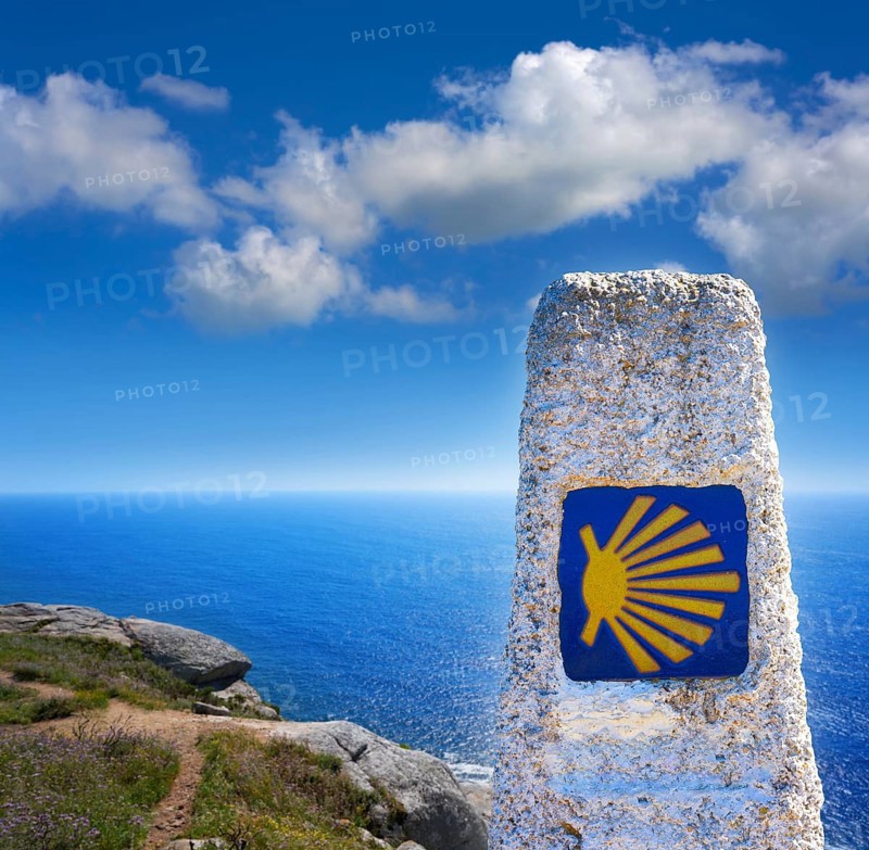 End of Saint James Way sign of Finisterre in Galicia Spain photomount