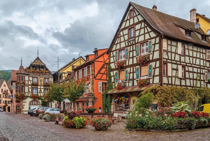 Main street with historical houses in Kaysersberg, Alsace, France, Europe