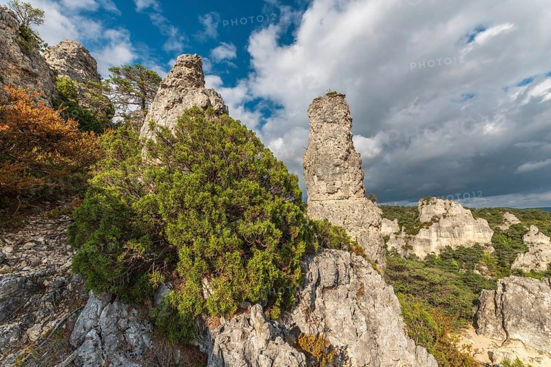Rocky peak in the Chaos site of Montpellier in the Cevenes. Milllau, France, Europe