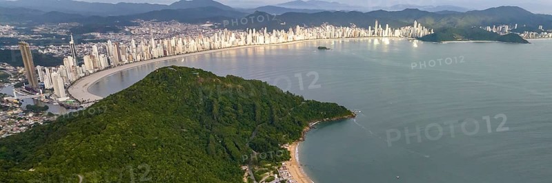Balneario Camboriu in Santa Catarina. Taquaras Beach and Laranjeiras Beach in Balneario Camboriu. Aerial view in landscape. Brazil