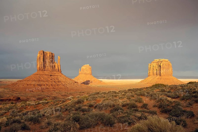 The famous Monument Valley in the USA with dark storm clouds