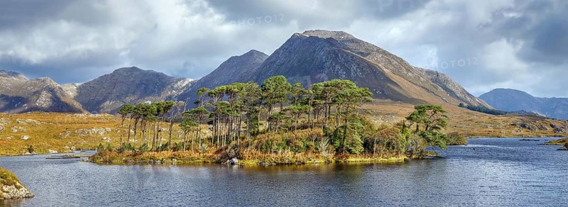 Panoramic landscape with lake from Pines Island Viewpoint in Galway county, Ireland, Europe