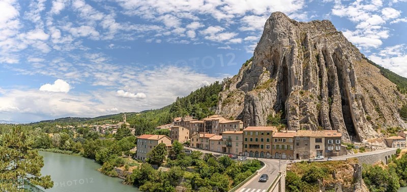 The Rocher de La Baume above the Durance at Sisteron in Provence. Panorama, panoramic. France, Europe. Print, poster, HD