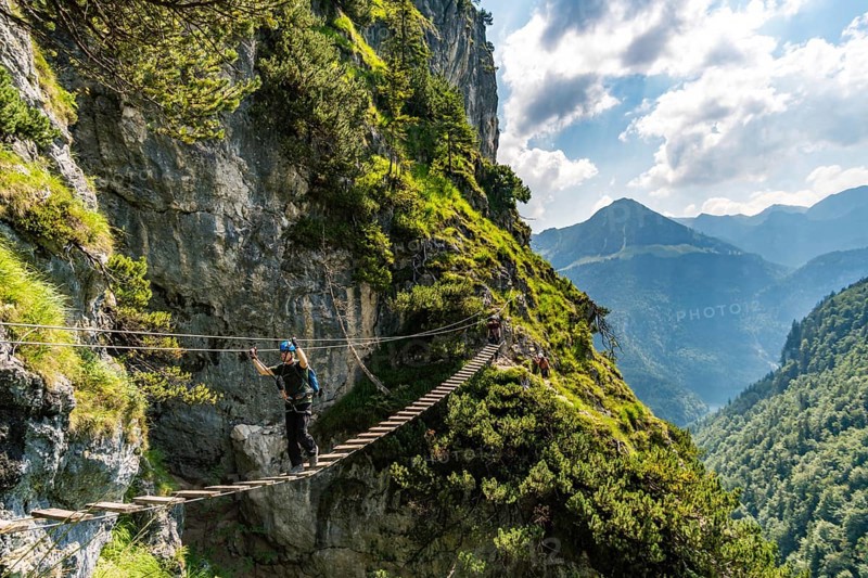 Sports via ferrata near the valley with a suspension bridge and a great view of the Berchtesgaden mountains
