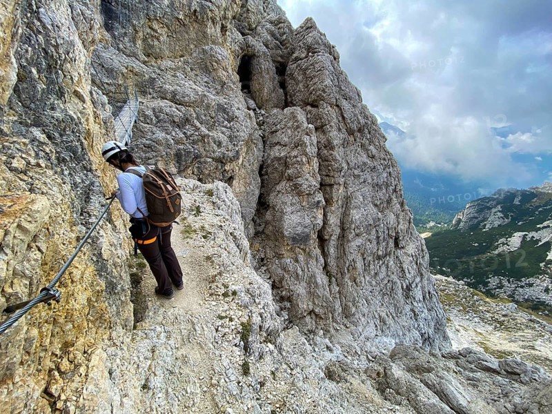 Adventurous hike up to mount Lagazuoi in the Dolomite Alps, autonomous pronvince of South Tirol in Italy