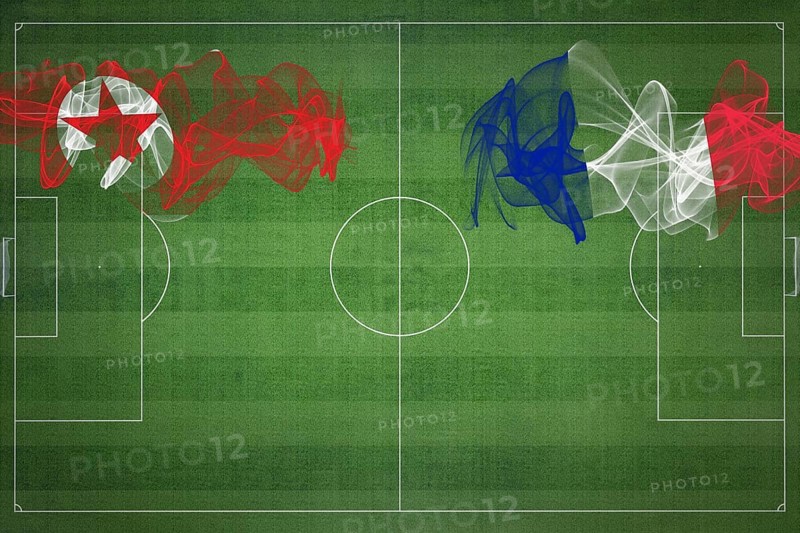 North Korea vs France Soccer Match, national colors, national flags, soccer field, football game, Competition concept, Copy space