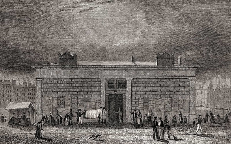 The morgue, quai of Notre-Dame, Paris, antique steel engraved print, 1831