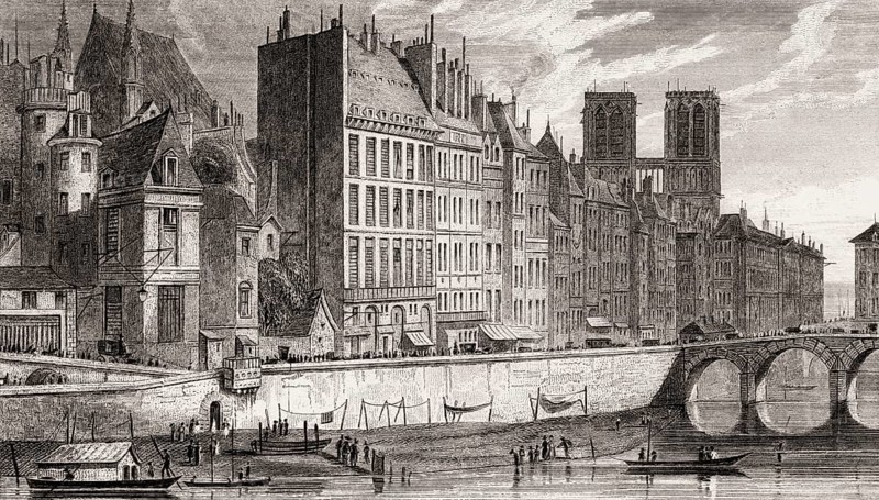 Panorama of Paris with Notre-Dame de Paris, antique steel engraved print, 1831