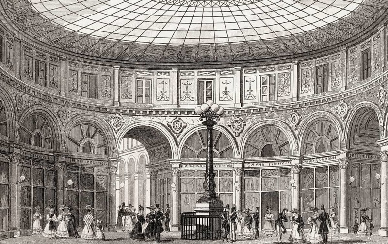 Le galerie Colbert, Paris, antique steel engraved print, 1831