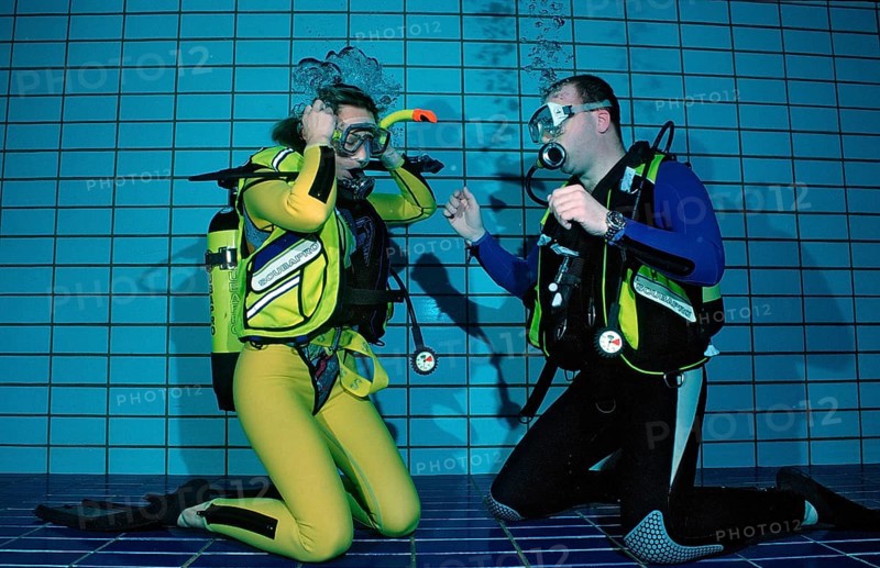 Diving training in the swimming pool, Mask blowing, Germany, Munich, Olympiabad, Europe