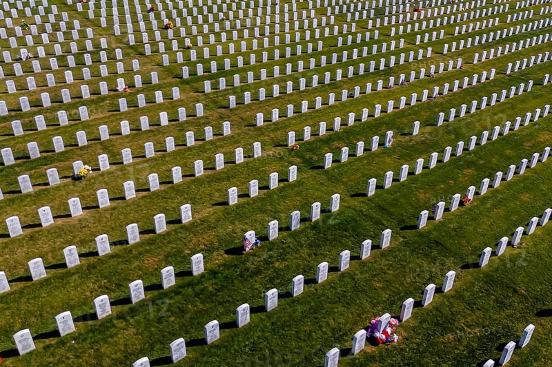 Oct 28, 2023, Salisbury, NC: Aerial view of a military cemetery with rows of military head stones at Salisbury National Cemetery