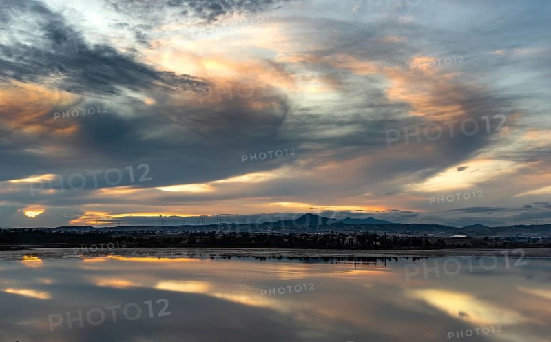 Colourful sunset twilight sky at the salt lake of Larnaca in Cyprus