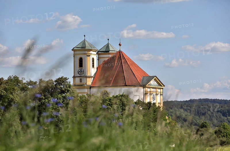 Pilgrimage church Maria Himmelfahrt in Marienberg, blooming meadow and white-blue sky, Burghausen, Upper Bavaria, Bavaria, Germany, Europe