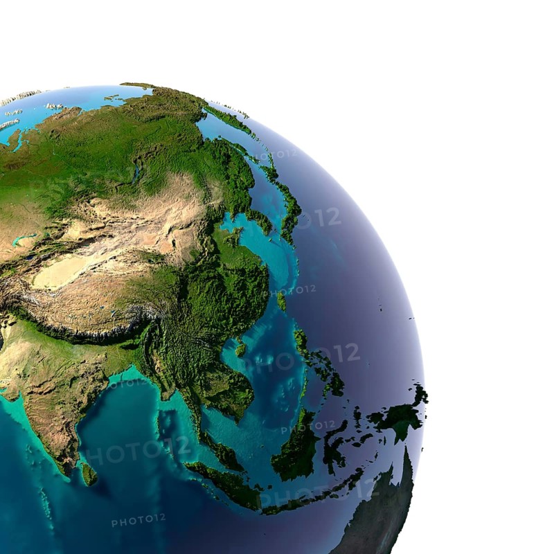 Earth with translucent water in the oceans and the detailed topography of the continents. A fragment of the Asia and Oceania. Isolated on white