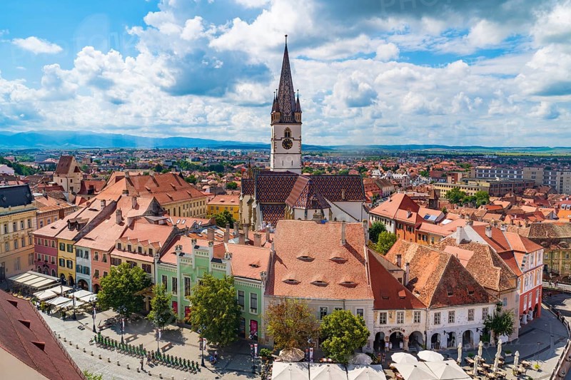 Small Square and Lutheran Cathedral in Sibiu, Transylvania, Romania, Europe