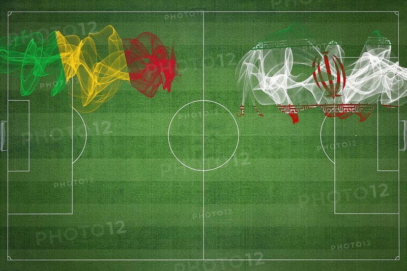 Mali vs Iran Soccer Match, national colors, national flags, soccer field, football game, Competition concept, Copy space