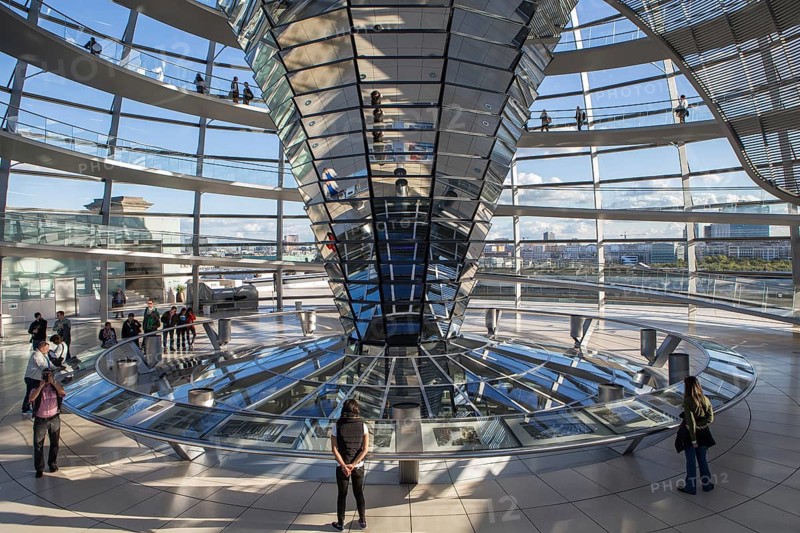 Interior view of the Reichstag dome on the roof of the Reichstag building (seat of the German Bundestag) in Berlin. A construction made of steel and glass