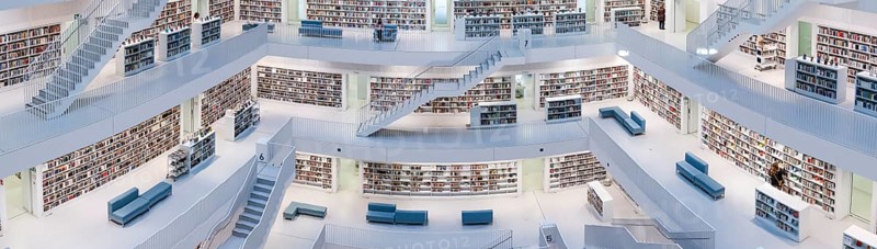 Panoramic photo of the cube-shaped interior of the city library on Mailänder Platz by architect Prof. Eun Young Yi, Stuttgart, Baden-Württemberg, Germany, Europe