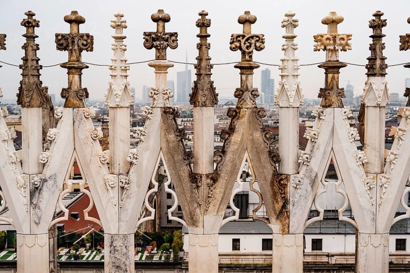 Marble patterns on the roof of the Duomo. Milan, Italy.